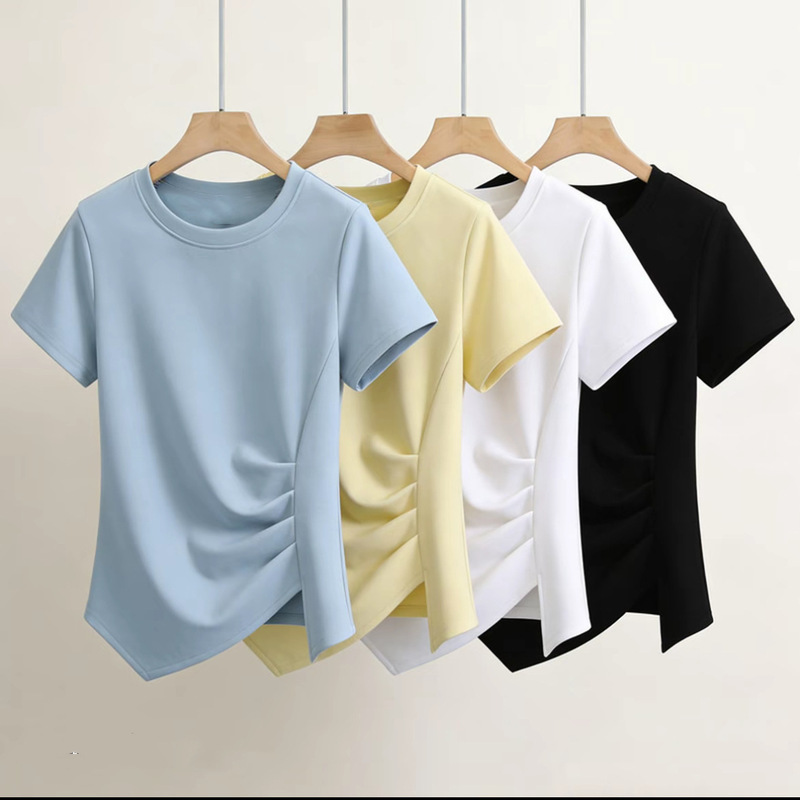 Irregular Slit Short-Sleeve T-Shirt for Women with Unique Design, Summer Regular Shoulder French Style, Age-Reducing and Slimming Ruched Top Ins Irregular Slit Short-Sleeve T-Shirt for Women with Unique Design, Summer Regular Shoulder French Style, Age-Reducing and Slimming Ruched Top Ins