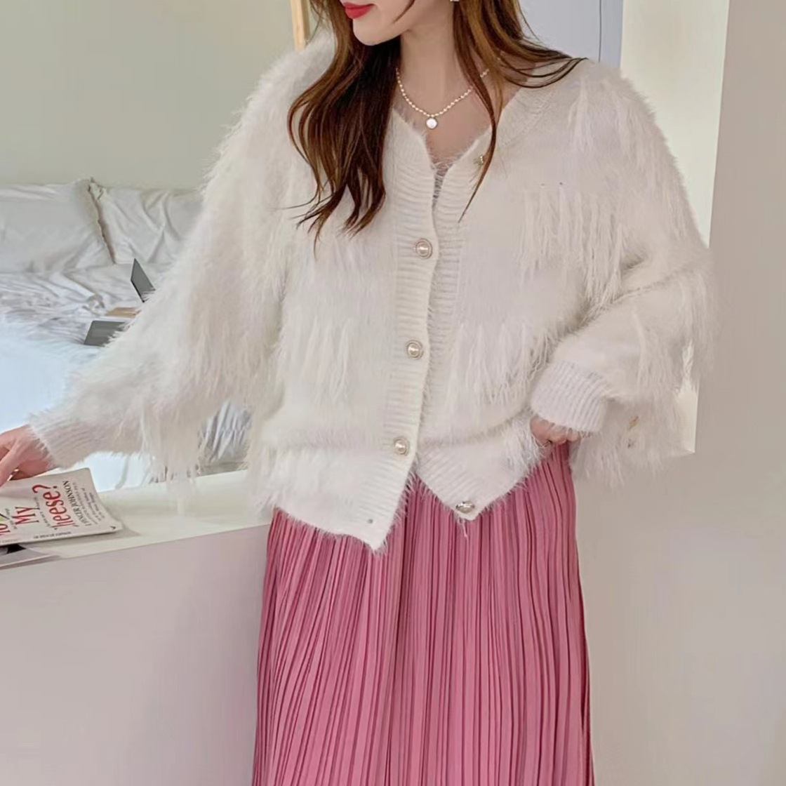 Otoño e Invierno nuevo estilo suave abrigo Faux visón terciopelo prendas de vestir exteriores suéter moda borla punto cardigan abrigo para mujeres