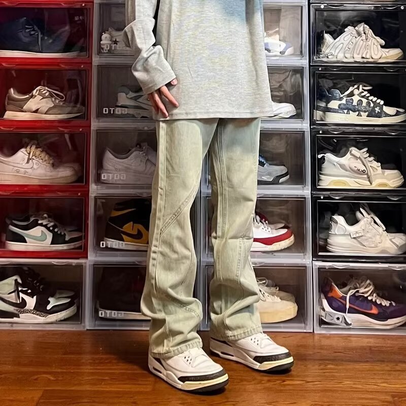 Primavera y otoño American High Street Jeans Pantalones de moda casual para hombres Pantalones amarillos de barro de diseño suelto recto de todo fósforo