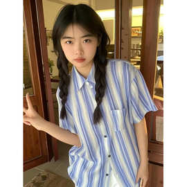 【跨境爆款】扎染蓝色竖条纹短袖衬衫女复古韩版宽松休闲衬衣夏