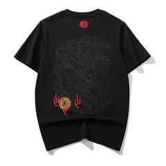 (潜龍) 新型夏国潮暗線刺繍龍紋半袖tシャツ丸襟純綿通気上着男性潮