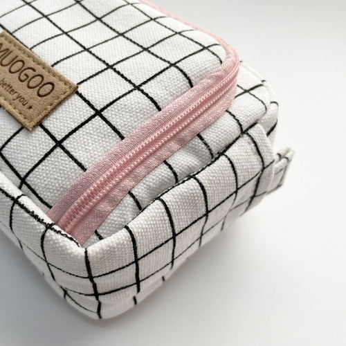 Student solid color stationery box Korean simple hand carry large capacity double layer thickened cotton and linen canvas pencil case hand carry