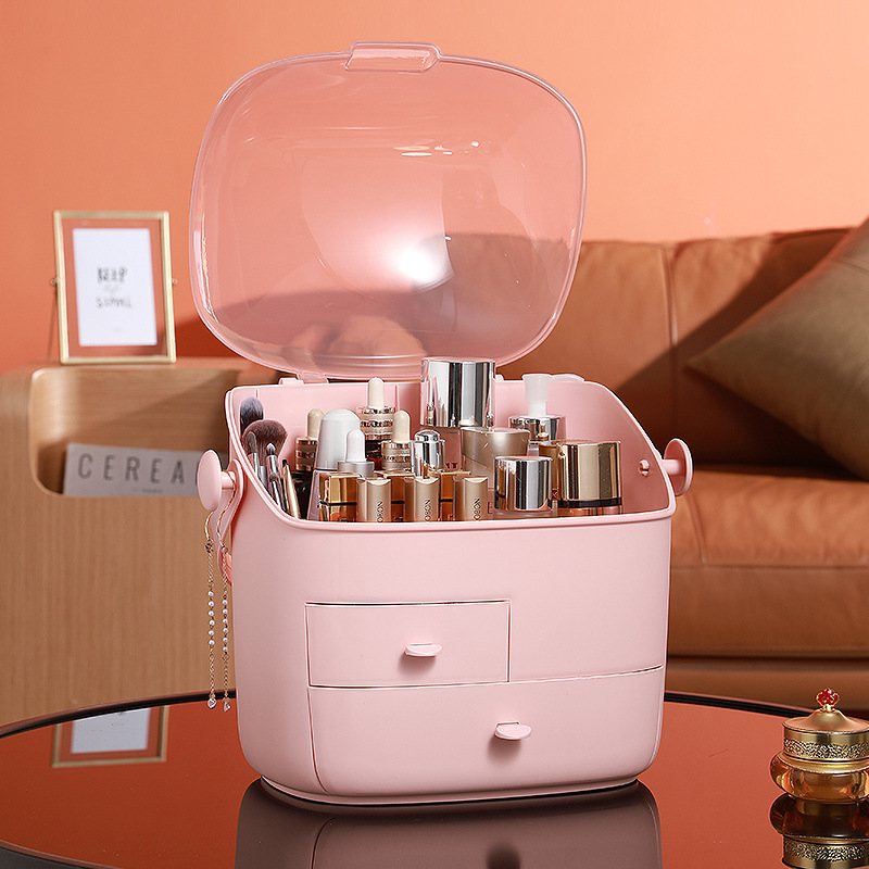 Caja de almacenamiento de cosméticos a prueba de polvo caja de maquillaje doméstica de gran capacidad caja de acabado de escritorio dormitorio estante de maquillaje de dormitorio