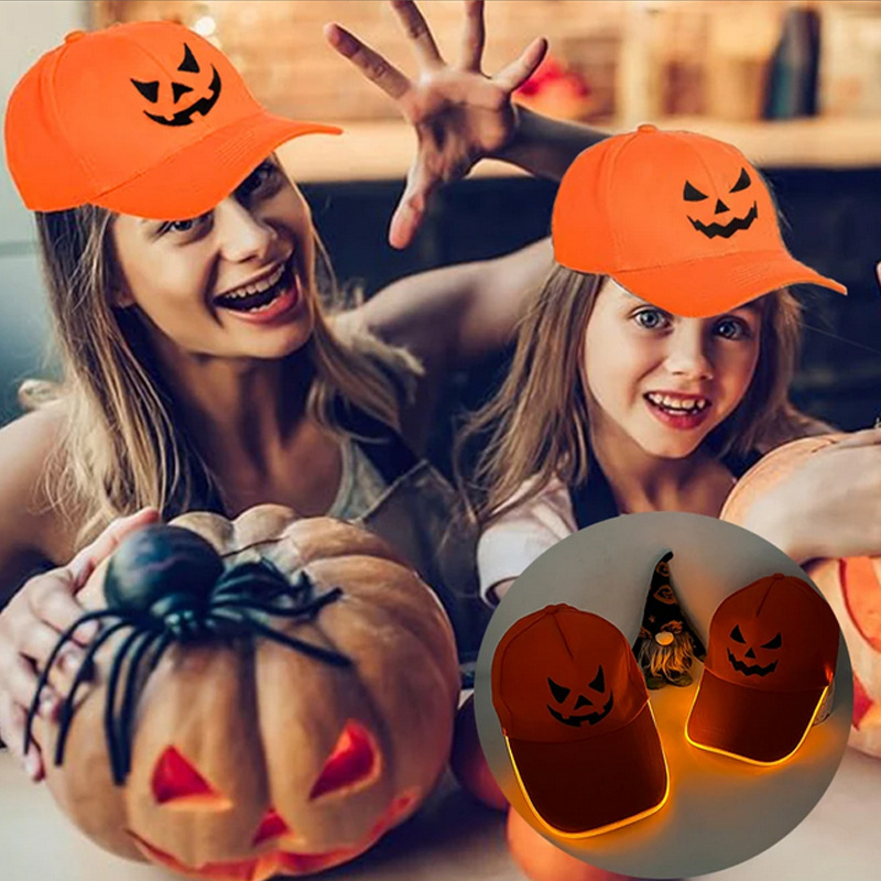 Fiesta de Halloween accesorios luminosos de perlas ilusión LED sombrero vaquero calabaza dientes de aluminio sombrero de béisbol LED luminoso color amarillo