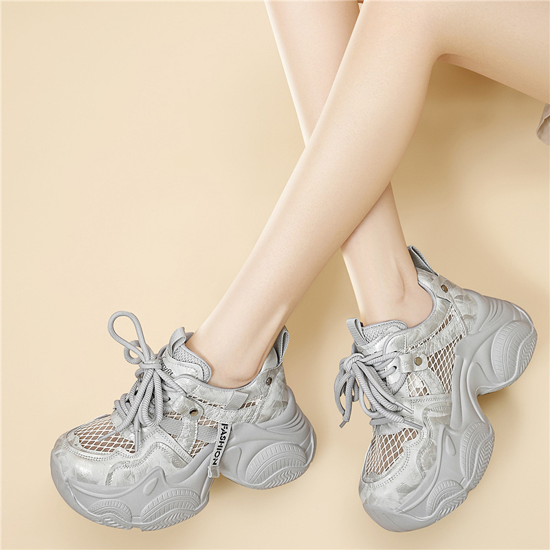 Giày sneaker nữ đế dày tăng chiều cao lưới thoáng khí mùa hè — 6158 Xám, 6158 Màu vàng