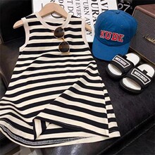 2024夏季新款韩版洋气女童黑白条纹无袖连衣裙女孩百搭长款童裙棉