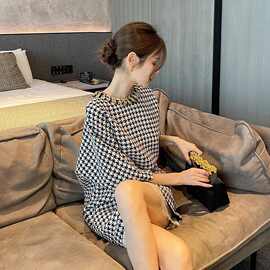 千鸟格小香风连衣裙女2026春中袖连衣裙女神范高级感气质蕾丝裙子