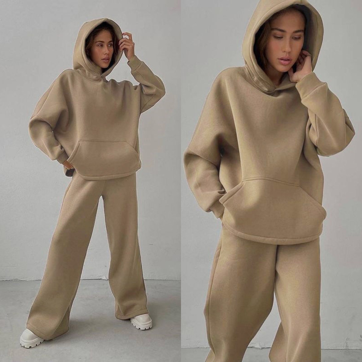 2 Pieces Set Quantity Street Occasion Hooded Neckline Women's Casual Solid Color Cotton Blend Polyester Pants Sets