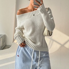 2025欧美风纯色一字领套头休闲毛衣女