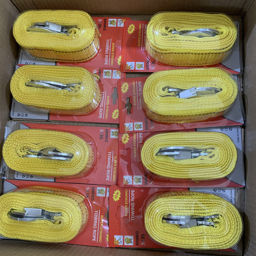 Nylon double flat rope fluorescent traction rope, powerful car towing rope 3 tons 4 meters, trailer strap card packaging