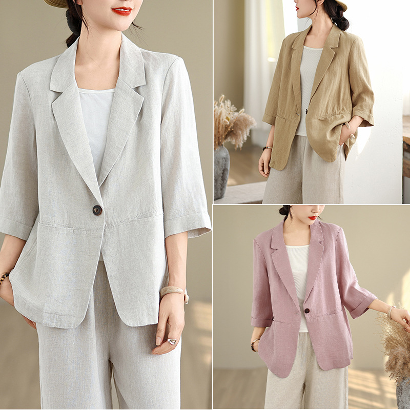 Actual Shot of 2025 Summer New Style Literary Retro Cotton and Linen Three-Quarter Sleeve Small Suit Jacket Women's Casual Cotton and Linen Suit