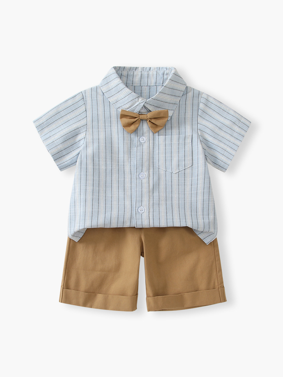 子供服男の子新品夏子供ストライプ半袖シャツバックパンツセット赤ちゃんスナップドレス2点セット