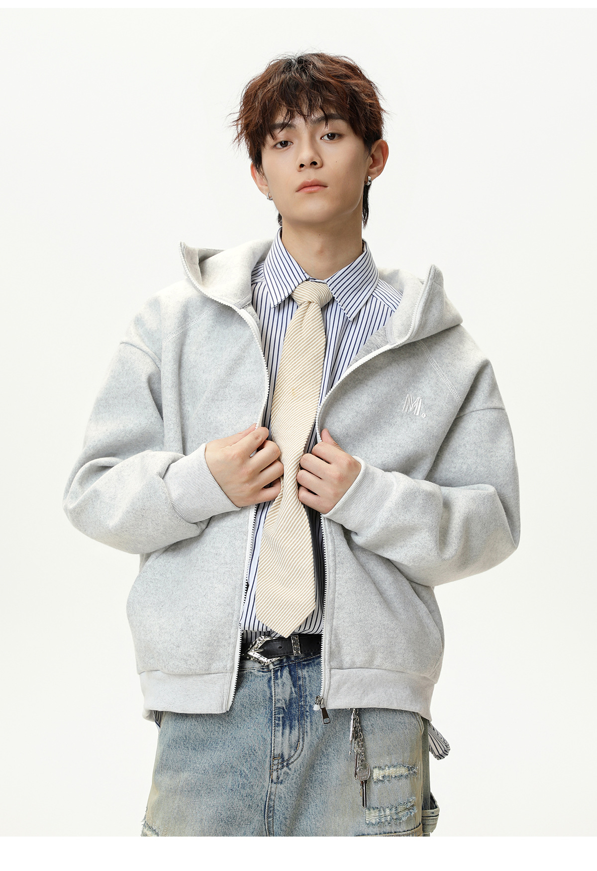 Monochrome Man- Heavy Woolen Hooded Sweatshirt Autumn Style American Retro Color-Block Zipper Cardigan Jacket Textured Thickened Hoodie_viptrois.com