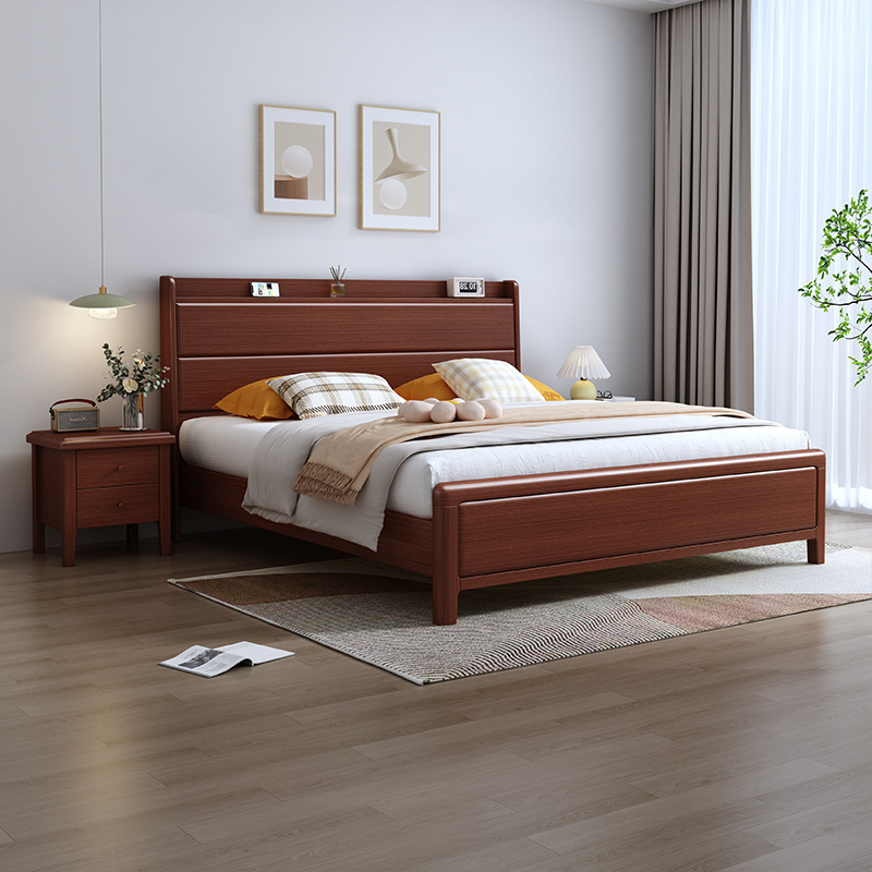 全實木櫸木單人床1.8m雙人床現代簡約主臥高箱儲物婚床廠家直銷