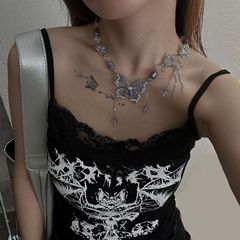 重工蝶流蘇ネックレス紫水晶数珠首鎖復古ギャル個性百合鎖骨鎖アクセサリー