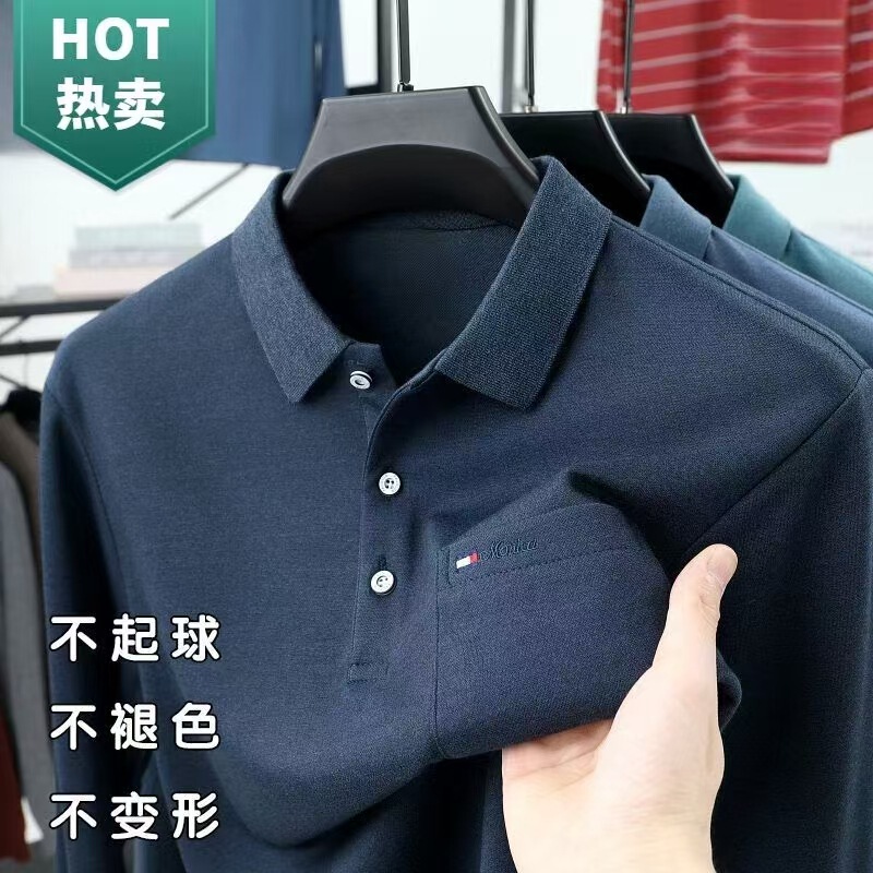 Men's Long-Sleeved T-Shirt for Middle-Aged and Elderly People Aged 40-70, Pure Color Base Shirt, 2026 New Style Pure Cotton Polo Shirt