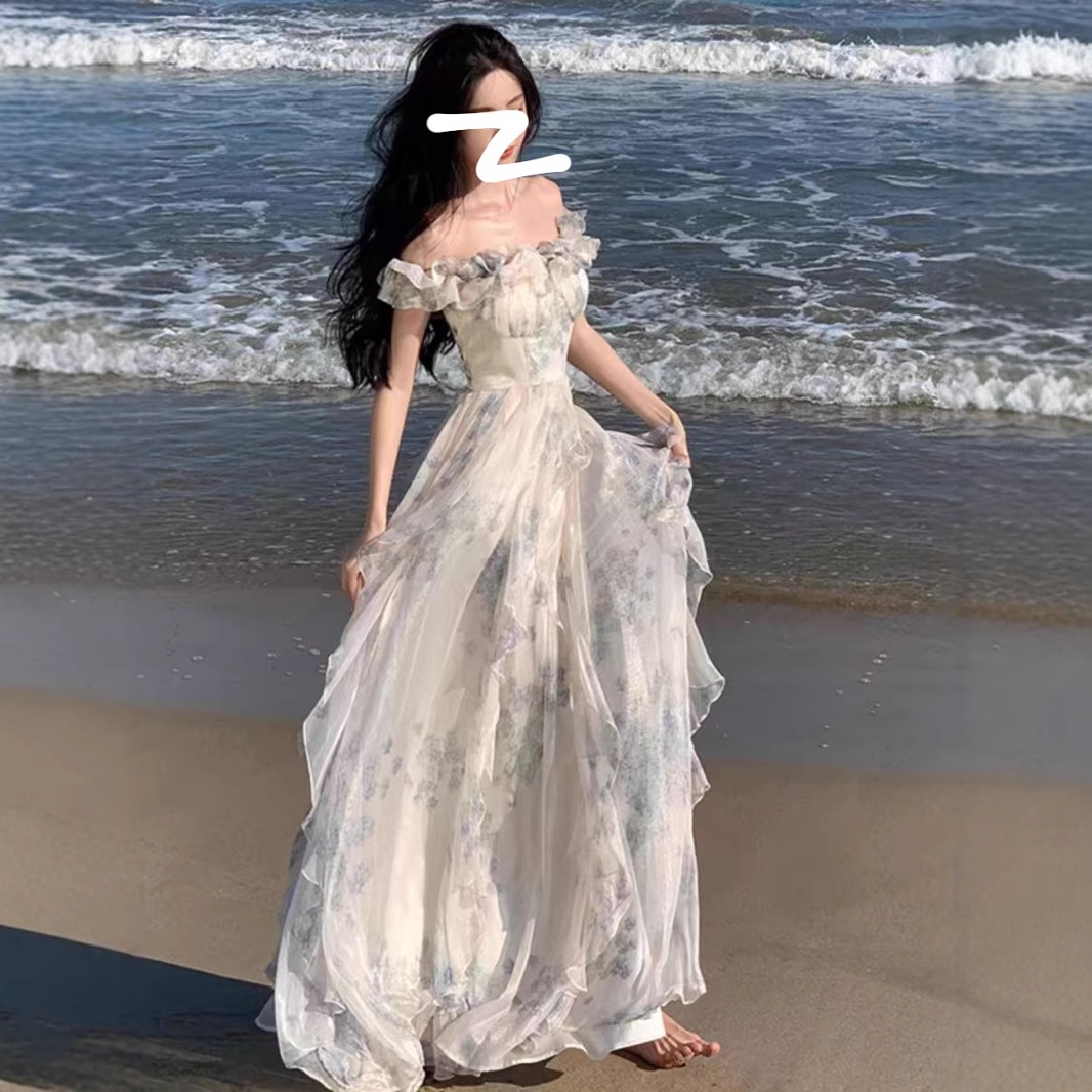 해변 리조트 스타일 서스펜더 스커트, 프렌치 러플 비치 드레스, 분위기 있는 롱 스커트, 우아한 요정 스타일