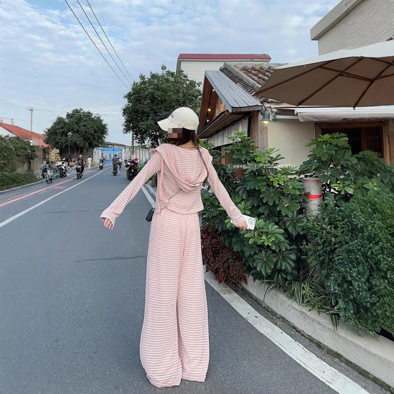 甜辣妹条纹轻薄连帽防晒开衫高腰阔腿休闲长裤女2025夏季新款套装|undefined