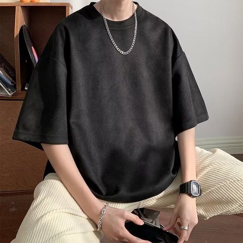 Standard fashionable trendy brand ins round neck summer city style button decoration youth popular trendy five finger sleeve men's T-shirt