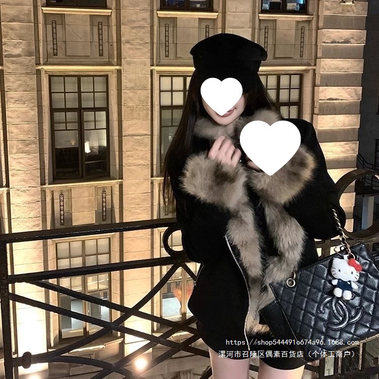 黑色皮毛一体毛绒毛领外套女秋冬季加厚短款修身机车夹克棉服上衣