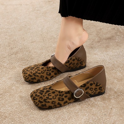 8866-2 square headed leopard print color blocked Mary Jane shoes with a raised buckle inside, single shoe, casual evenin