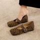 8866-2 square headed leopard print color blocked Mary Jane shoes with a raised buckle inside, single shoe, casual evening style commuting women's shoes