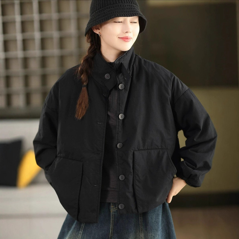 夹棉棉衣 2025冬季新款 保暖立领加厚外套女复古文艺纯色棉服8113|undefined