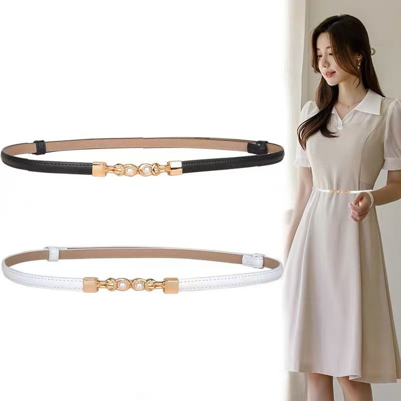 Women's Genuine Leather Pearl Buckle Adjustable Belt Wholesale Korean Style Dress Thin Belt Internet Celebrity Style Small Waist Chain Accessory
