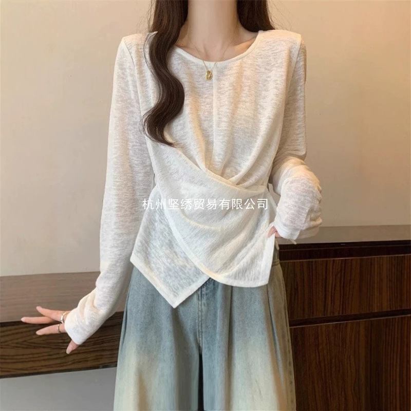 New style bamboo cotton long-sleeve T-shirt for plus-size women, irregular top, 2026 thin spring plus-size shirt with a cinched waist New style bamboo cotton long-sleeve T-shirt for plus-size women, irregular top, 2026 thin spring plus-size shirt with a cinched waist