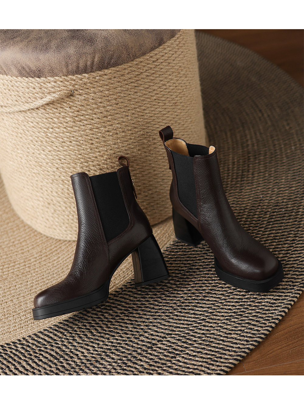 Boot Chelsea cổ ngắn mũi vuông da dê mềm, gót dày platform, phong cách cổ điển, dáng slip-on thu đông — nhung đen, Nhung nâu, Lớp lót đơn màu đen, Lớp lót đơn màu nâu chi tiết 15