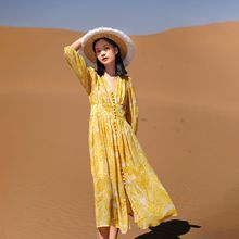 2023黃色碎花沙灘裙海邊度假 超仙高腰長袖氣質波西米亞連衣裙女