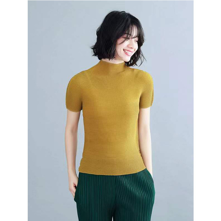 Pleated Japanese Classic Elegant Corn Pleated Fashion All-match Small High Collar Turtleneck Short Sleeve Young Fashion Age-reducing