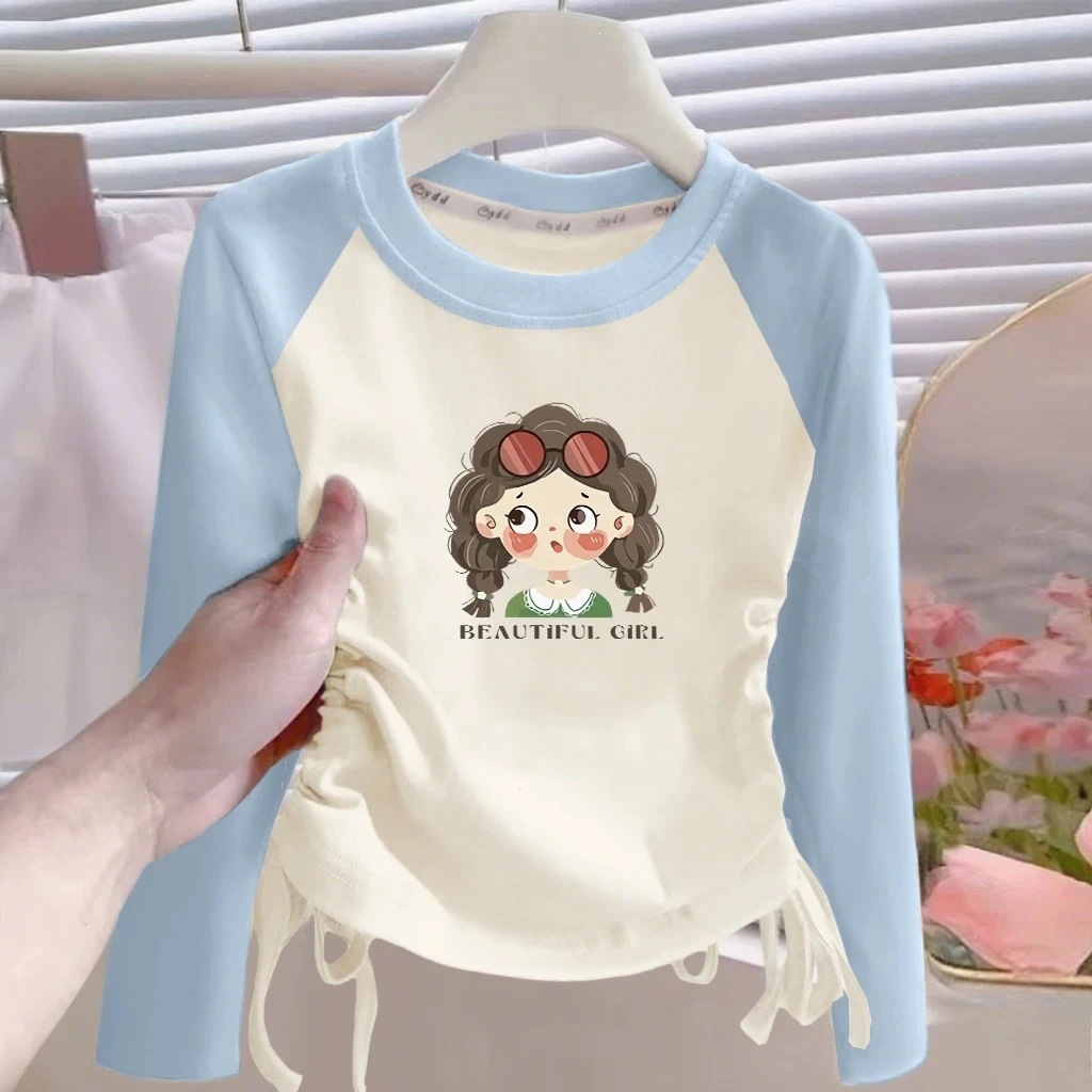 韩系女童撞色插肩袖多巴胺长袖T恤秋春季抽绳收腰上衣中大童修身