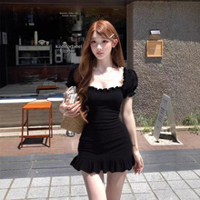 TZ6844富家千金感显气质木耳花边方领连衣裙女法式设计显瘦包臀裙