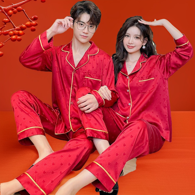 Red Zodiac Year Winter New High-End Ice Silk Couple Pajamas Set Long Pants Wedding Men and Women Outer Wear Home Clothes
