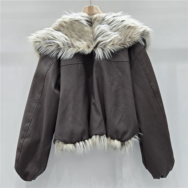 Estación europea de invierno 2025 nueva chica americana estampada leopardo gran peludo collar interior chaqueta de abrigo corto de algodón