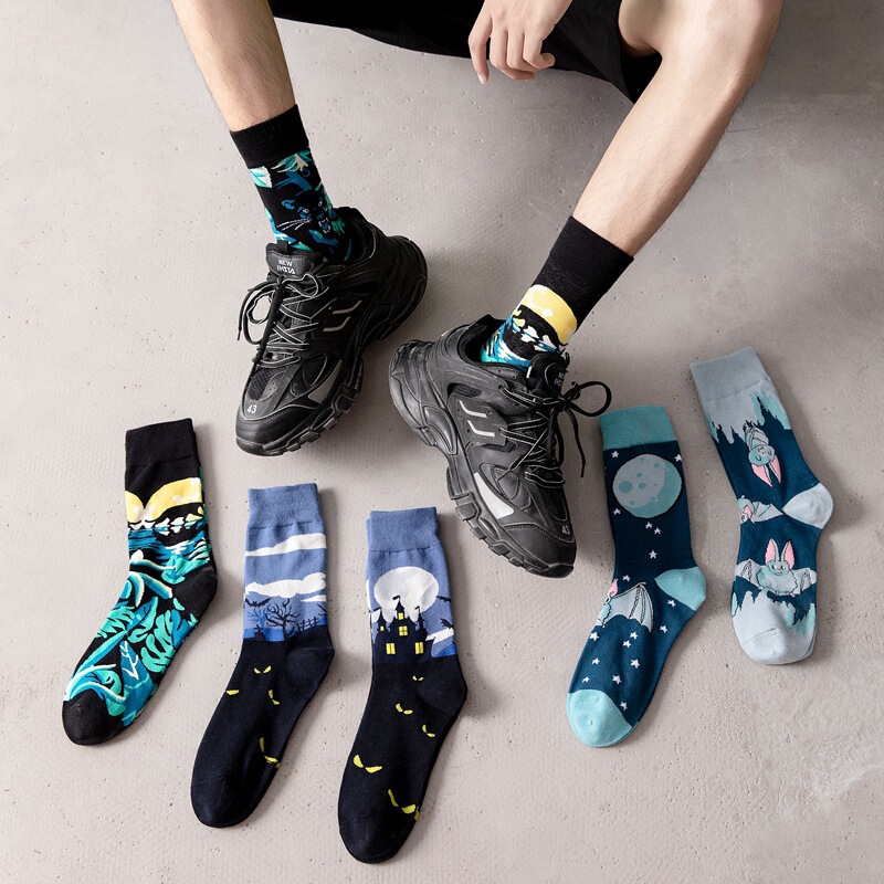 Autumn and Winter New AB Foot Cartoon Fairy Tale Castle Creative Casual Socks Men's Trendy Socks Large Size Cross-Border