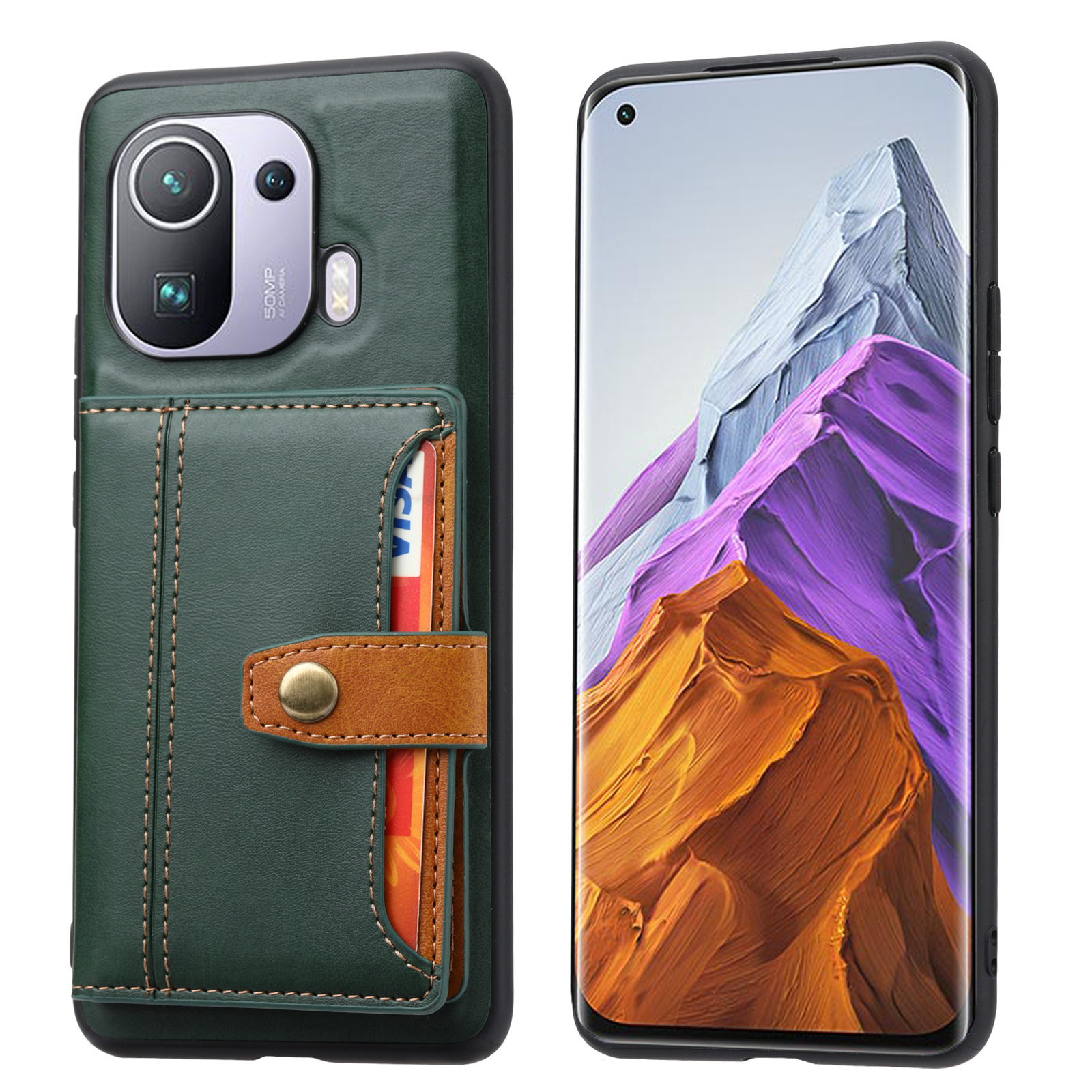 Funda para teléfono móvil Xiaomi 11pro con ranura para tarjetas externa, funda de cuero tipo billetera, funda de cuero 11pro = funda moderna con bloques de color