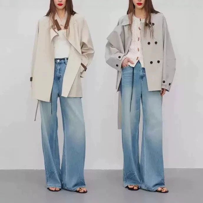 High-Waisted Wide-Leg Jeans for Women, Versatile Straight-Leg Pants with Drape Effect, Spring and Summer, with Belt, Loose Straight-Leg Pants
