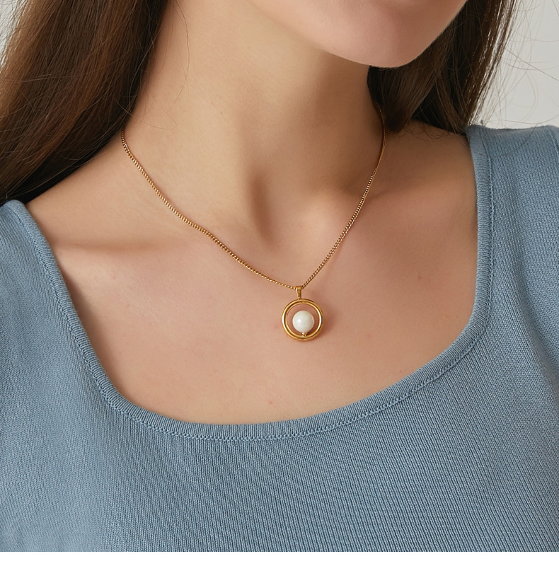 Fashion Round Titanium Steel Inlay Pearl Pendant Necklace Colorza_colorza_4