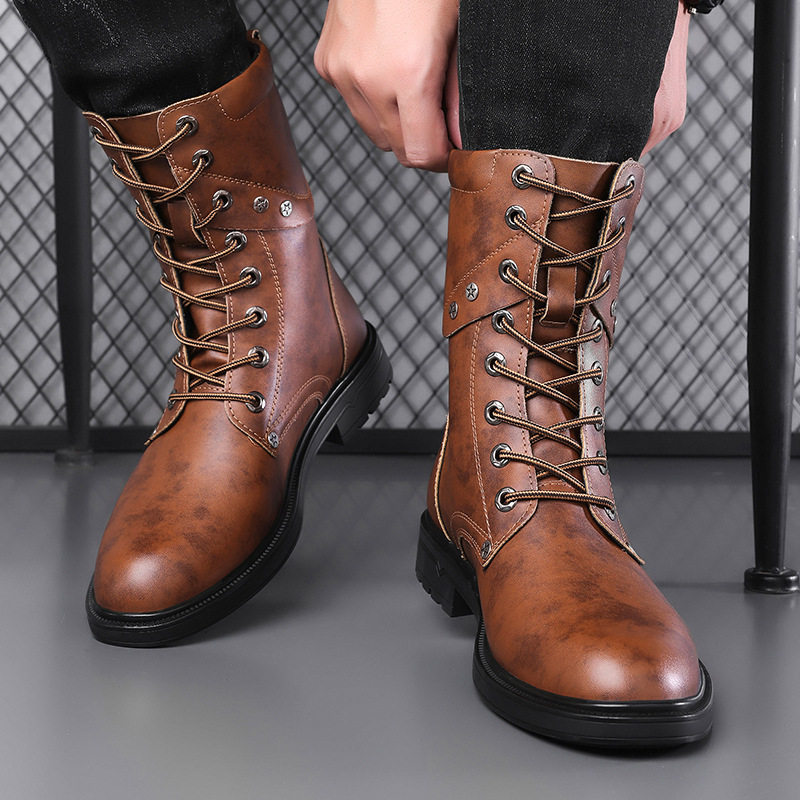 Giày bốt Martin nam cổ cao dây buộc mũi rộng phong cách denim, đế cao su chống trượt thoáng khí nhẹ nhàng — Màu nâu lót bông, Màu nâu lót da, Màu đen lót bông, Màu đen lót da
