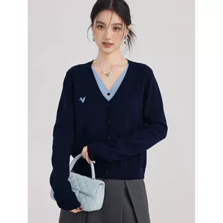 2026新款假两件针织衫上衣正肩毛衣女冬季设计感小众V领打底衫