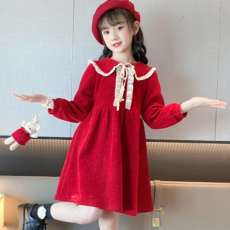 小女孩中大童长袖拜年服红色裙女童连衣裙2023秋冬季时髦公主裙潮