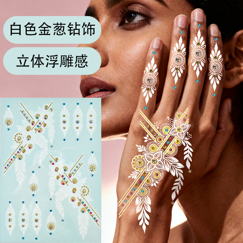 White Glitter Diamond Embellished Henna Tattoo Stickers Safe Art Party Body Painting Temporary Tattoo DIY Decoration