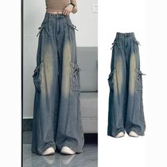 美式复古蝴蝶结绑带牛仔裤女2025年秋季新款多口袋高腰显瘦阔腿裤