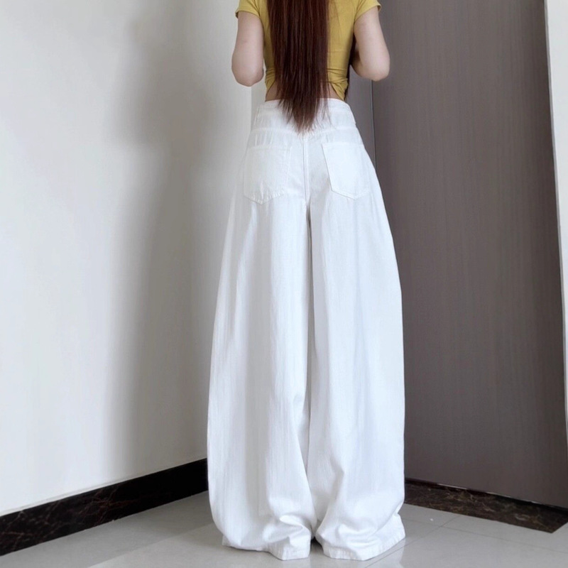 American-Style White Loose Wide-Leg Jeans for Summer, Petite High-Waisted Slimming Straight Pants, Versatile Floor-Length Trousers