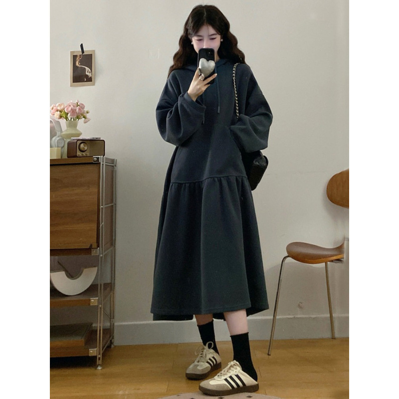 60363 # Lazy Style Loose Hooded Sweatshirt Dress for Women Autumn and Winter Large Size Fat mm Covering Flesh Thickeneded Casual Long Skirt