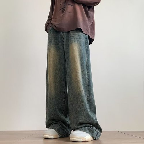 Washed Distressed Denim Jeans for Men - Spring and Autumn American Street Style Cool Brand Versatile Loose Straight Leg Wide Leg Casual Pants