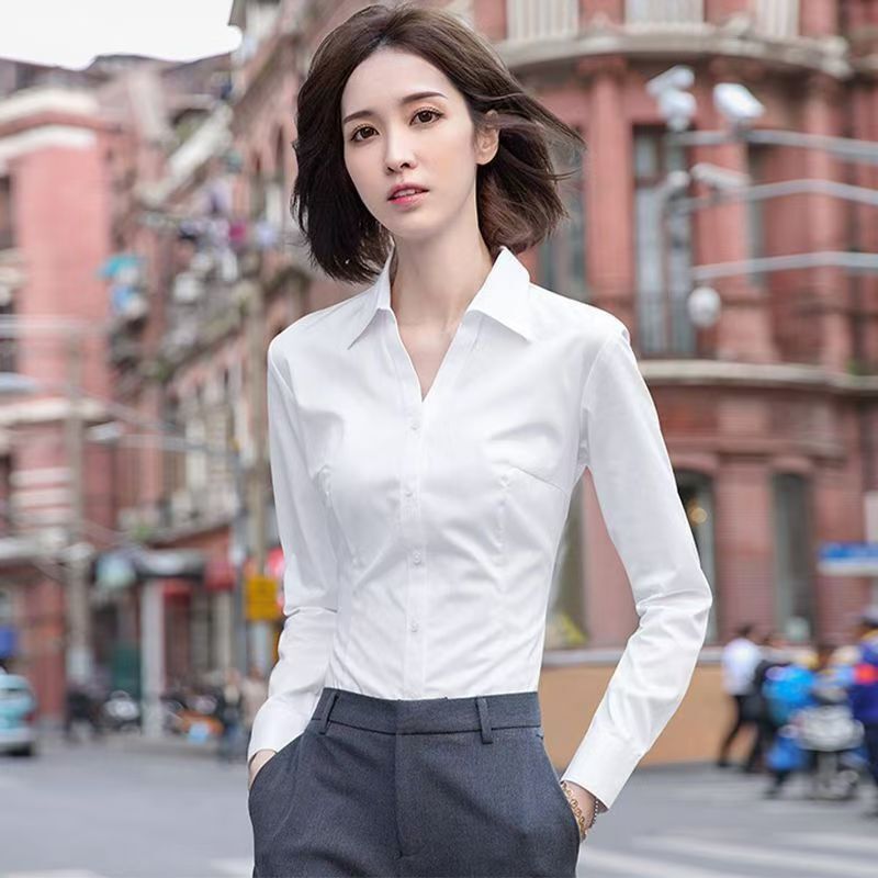 White Long-Sleeved Slim-Fit Versatile Plus-Size Work Shirt Solid Color Base Shirt for White-Collar Business Commuting Elegant