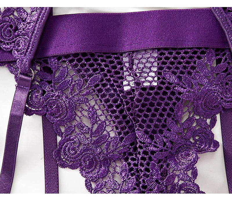 Purple Lace Underwire Jumpsuit Lingerie Set with Garters, Thong, Gloves and Stockings — detail image 18